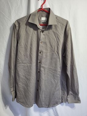 Eterna Mens Button-Up Dress Shirt in Light Gray Micro-Print, Size Large